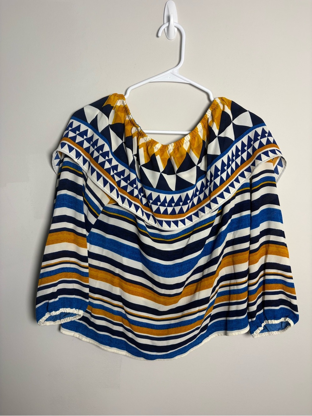Chico's Navy, Mustard & White Geometric Stripe Off-Shoulder Tunic